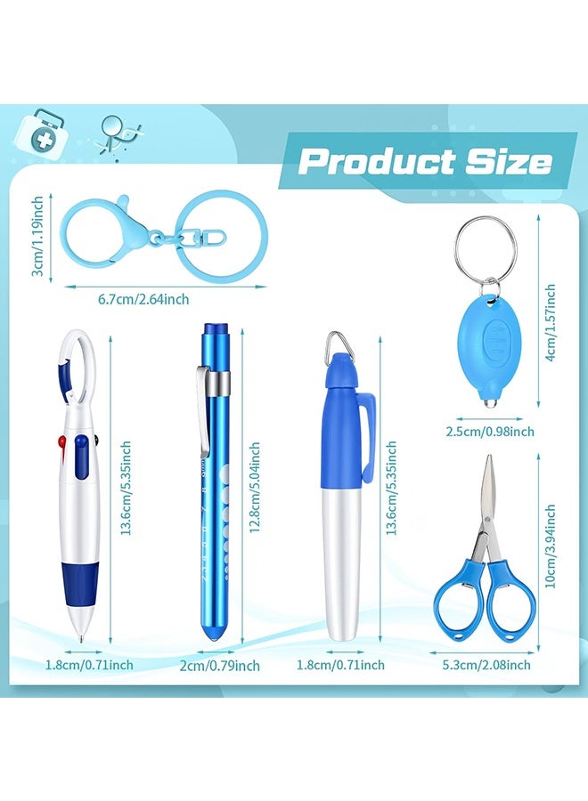 Wffo 6 Pcs Nurse Pen Set Include Permanent Marker Pen Retractable Ballpoint Pen Keychain Clip Foldable Scissors Lights LED Flashlight Keychain for Nurse Accessories(Blue) - Image 2